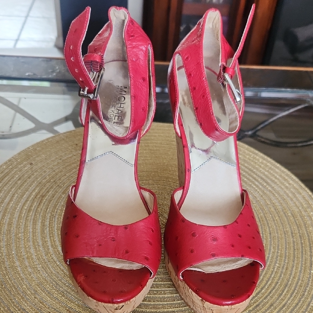 Michael Kors Ariana Ostrich Print Cork Wedge Sandals Womens Red Size 8.5